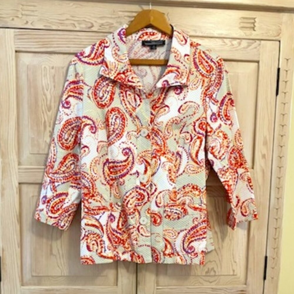 Vintage 80s 90s Paisley Shirt Jacket Waffle Cotton Coastal